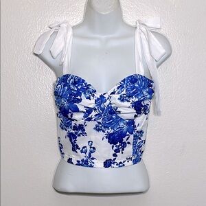 Blue and White Floral Bustier Crop Top